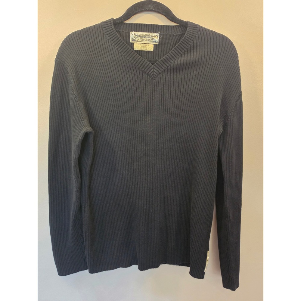 Vintage Polo Jeans Co Ralph Lauren Mens Black Ribbed Cotton V-Neck Sweater Sz M